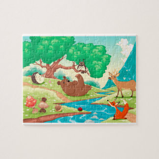 Dieren in het hout. Cartoon landschap. Legpuzzel