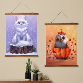 dieren in het wild herfst naar winter : uil & vos hangend wandkleed