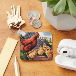  dieren, kippen met Baby op Boerderij Sleutelhanger