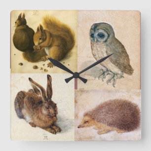 DIEREN / KONIJN , OWL , HEDGEHOG EN SQUIRRELS VIERKANTE KLOK