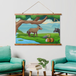 Dieren met een bergstroom op een zomerdag hangend wandkleed