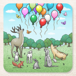 Dieren met verjaardagsballonnen vierkante kartonnen onderzetter