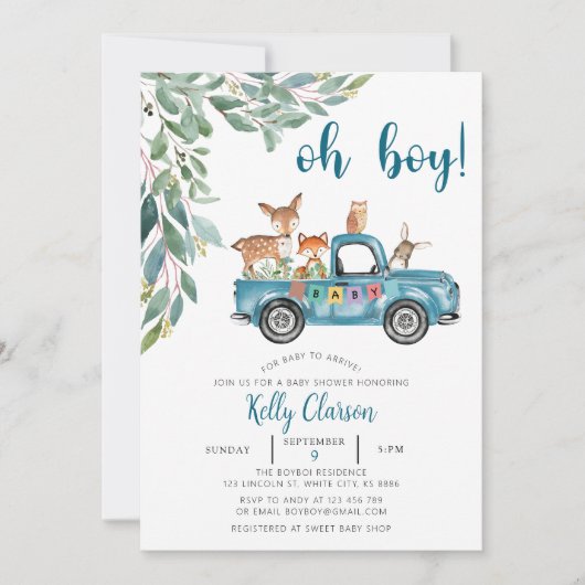 Dieren Oerwoud ?Car Oh Boy Baby shower Kaart (Voorkant)