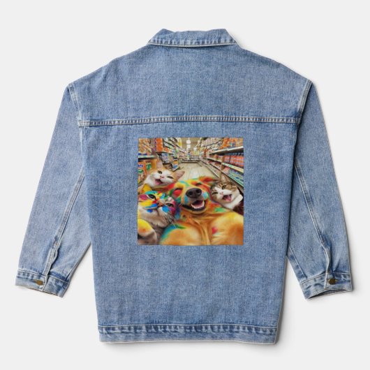 Dieren Selfie met Regenboog in de Supermarkt – Kle Denim Jacket (Achterkant)