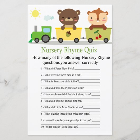 Dieren trainen Nursery Rhyme Quiz baby shower game (Voorkant)