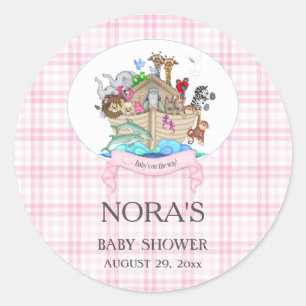 Dieren uit de Ark van Noach Roze Gingham Ronde Sticker