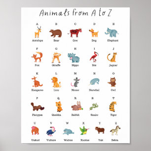 Dieren van A tot Z School Onderwijs Leren Poster