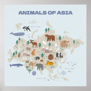Dieren van Aziatische geïllustreerde kaart Poster