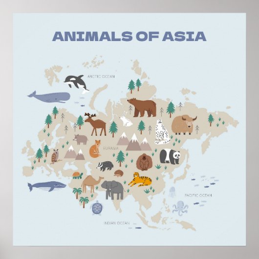 Dieren van Aziatische geïllustreerde kaart Poster (Voorkant)