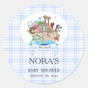 Dieren van de Ark van Noach in blauwe gingham Ronde Sticker