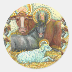 DIEREN VAN STABIEL, OX, DONKEY EN SCHAPEN RONDE STICKER