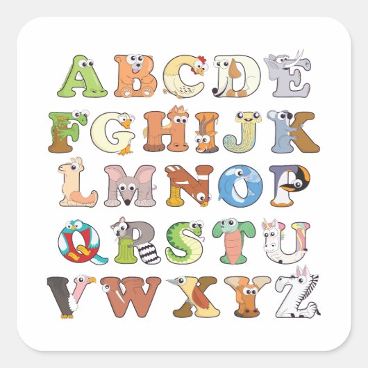 Dierenalfabet Letters ABCs Learning Vierkante Sticker (Voorkant)