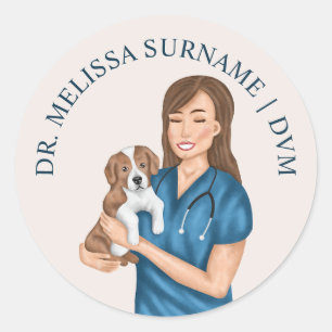Dierenarts Dokter Vrouw Met Een Puppy Ronde Sticker