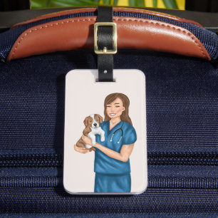 Dierenarts huisdier dokter vrouw met puppy bagagelabel
