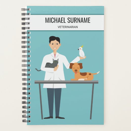 Dierenarts Man Met Dieren & Aangepaste Tekst Planner (Voorkant)