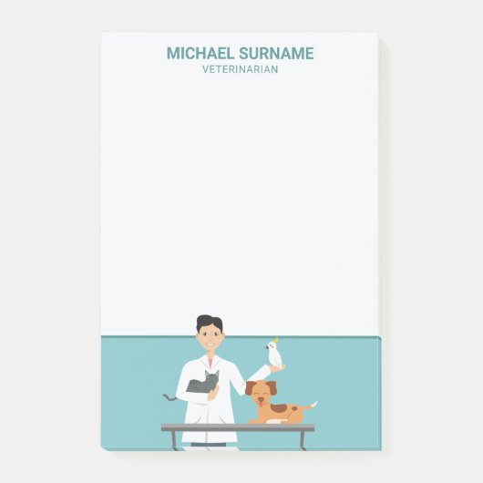 Dierenarts man met dieren en aangepaste tekst post-it® notes (Voorkant)