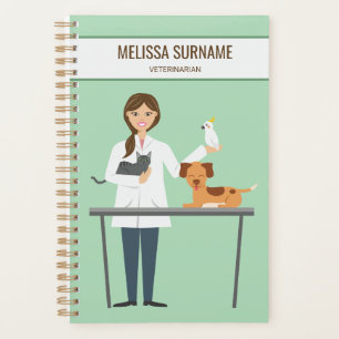 Dierenarts vrouw met dieren en aangepaste tekst planner