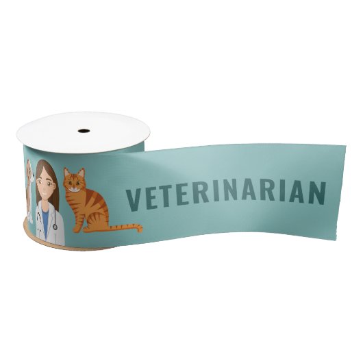 Dierenartsvrouw met puppy hond en kat blauw lint (Spoel)