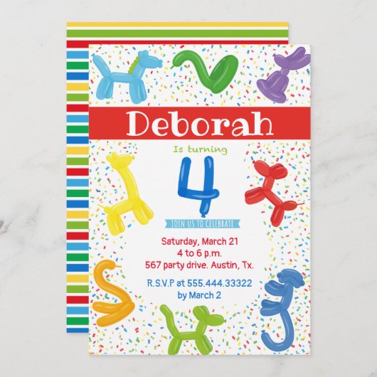 Dierenballonnen 4e verjaardag uitnodiging (Voorkant / Achterkant)