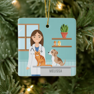 Dierenkliniek Dierenarts Vrouw met Kat en Puppy Keramisch Ornament
