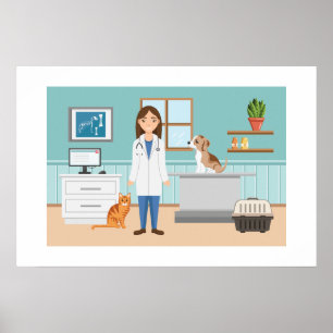Dierenkliniek Dierenarts Vrouw met Kat en Puppy Poster