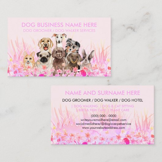 Dierenoppas Walker hond huisdierverzorging roze bl Visitekaartje (Voorkant / Achterkant)