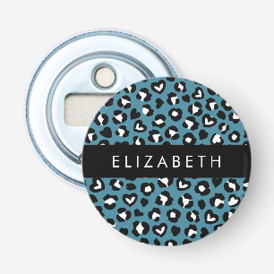 Dierenprint, Blauwe luipaard, Harten, Jouw naam Button Flesopener