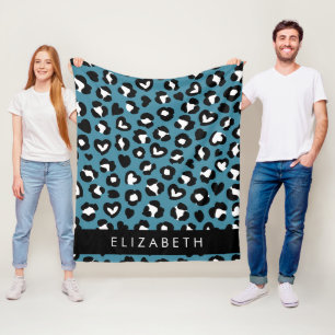 Dierenprint, Blauwe luipaard, Harten, Jouw naam Fleece Deken