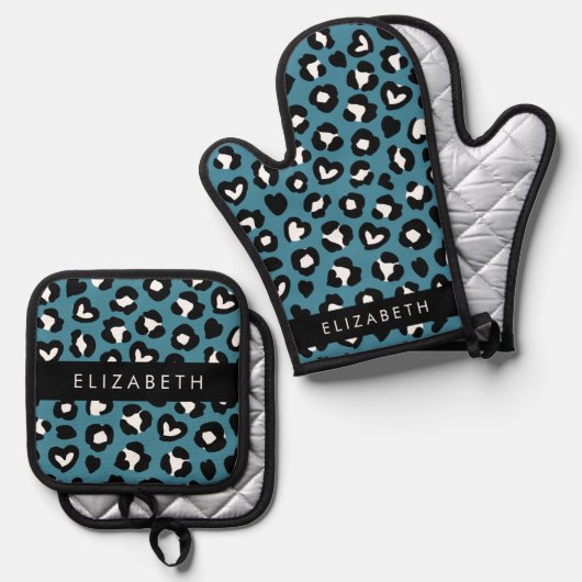 Dierenprint, Blauwe luipaard, Harten, Jouw naam Ovenwant & Pannenlap Set (Voorkant / Achterkant)