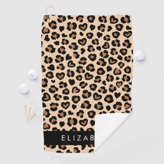 Dierenprint, Bruin Luipaard, Harten, Jouw naam Golfhanddoek (Insitu)