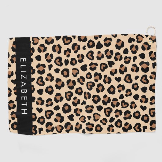 Dierenprint, Bruin Luipaard, Harten, Jouw naam Golfhanddoek (Horizontaal)