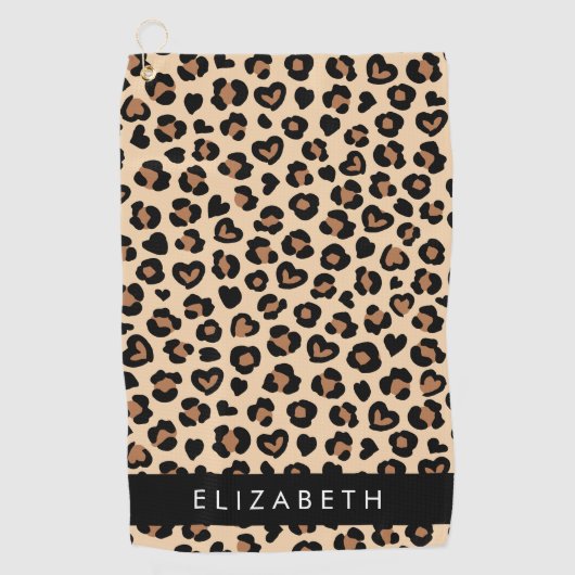 Dierenprint, Bruin Luipaard, Harten, Jouw naam Golfhanddoek (Voorkant)