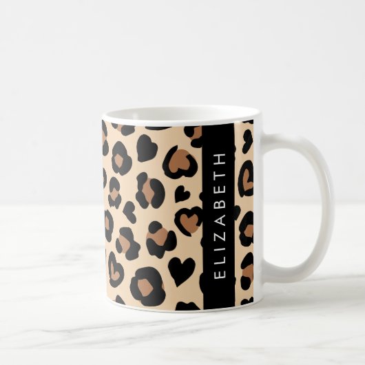 Dierenprint, Bruin Luipaard, Harten, Jouw naam Koffiemok (Rechts)