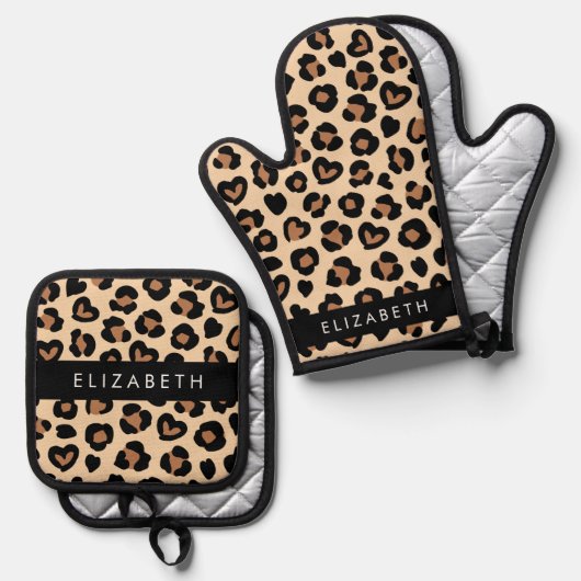 Dierenprint, Bruin Luipaard, Harten, Jouw naam Ovenwant & Pannenlap Set (Voorkant / Achterkant)