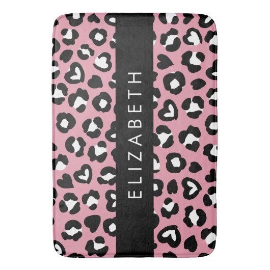 Dierenprint, roze luipaard, harten, Jouw naam Badmat (Voorkant Verticaal)