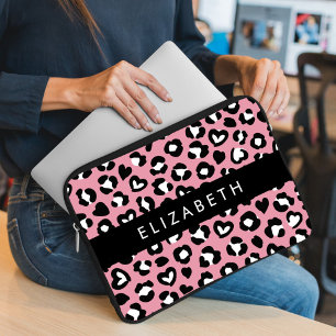 Dierenprint, roze luipaard, harten, Jouw naam Laptop Sleeve