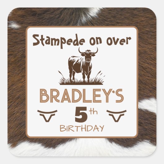 Dierenprint Rundvee Stormloop Bruine Verjaardag Vierkante Sticker (Voorkant)