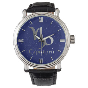 Dierenriem Symbool voor Steenbok op Deep Midnight  Horloge
