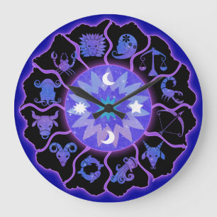 Dierenriem wandklok in blauw en zwart grote klok