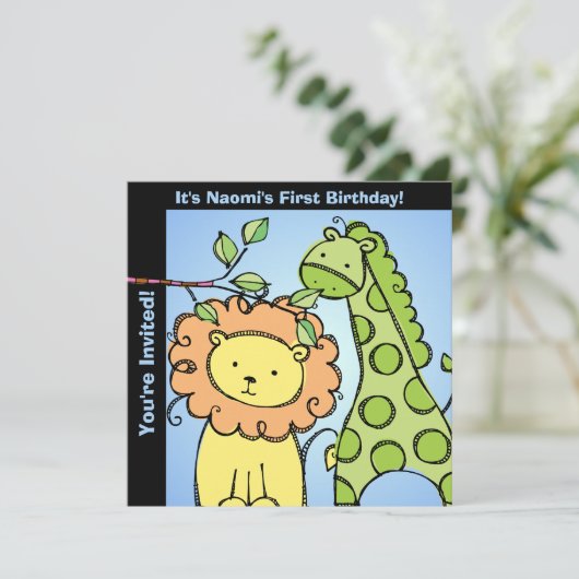 Dierentuin Dieren Giraffe Leeuw Verjaardag Custom Kaart (Staand voorkant)