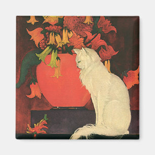 Dierenvintage, Elegante Witte Kat, Herfstbloemen Magneet