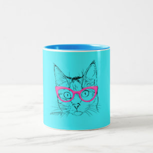 dierenvriend   Cute Blue Cat in roze glazen Tweekleurige Koffiemok