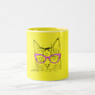 Dierenvriend Cute Yellow Cat in roze glazen Tweekleurige Koffiemok