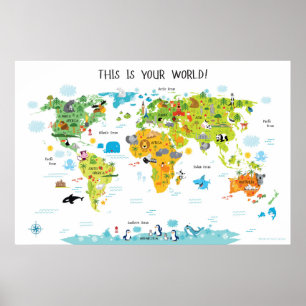 Dierenwereldkaart voor kinderen Poster Speelkamer