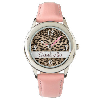 Dierlijk patroon, bruin, roze, monogram horloge