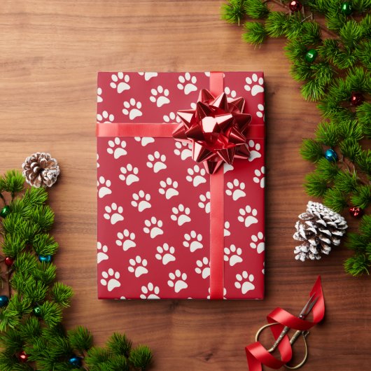 Dierlijke Hond Kat Pet Paw Print Patroon Rood & Wi Cadeaupapier (Feestdagen Geschenken)