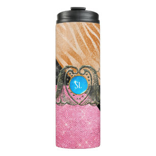 Dierprint en lovertjes marmer edelsteen monogram thermosbeker