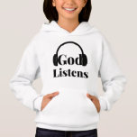 Dieu écoute la citation basée sur la foi de la fil<br><div class="desc">Ce sweat - shirt à capuche de filles présente les mots "Dieu écoute" en caractères gras avec des lettres noires montrant un ensemble de casques au-dessus de l'expression Dieu écoute dans ce style et thème basé sur la foi. Ce sweat - shirt à capuche est fabriqué à partir d'un mélange...</div>