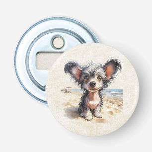 DigiPups Chinese Crested Puppy Hond Strand Scène Button Flesopener