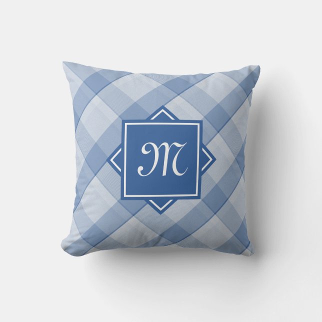 Digitaal blauw met modern diagonaal monogram kussen (Voorkant)